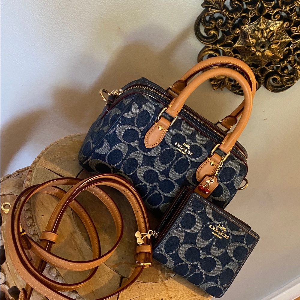 🍒Coach Mini Rowan Crossbody Bag In Signature Denim CY742🍒and wallet